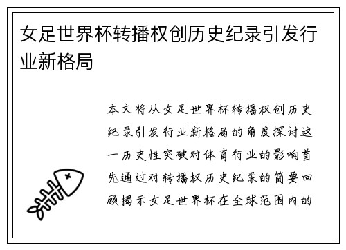 女足世界杯转播权创历史纪录引发行业新格局